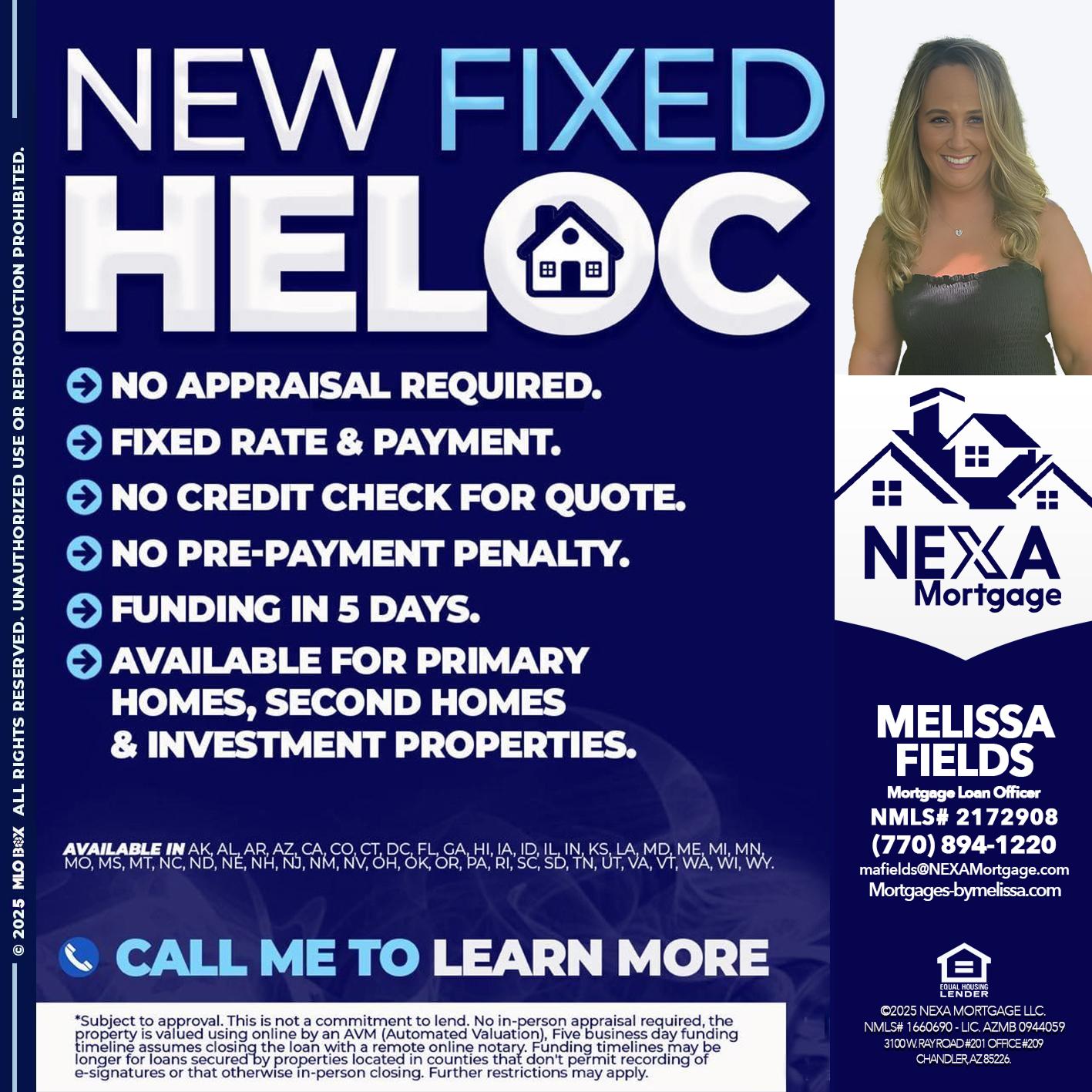 NEW FIXED HELOC - Melissa Fields -Mortgage Loan Officer