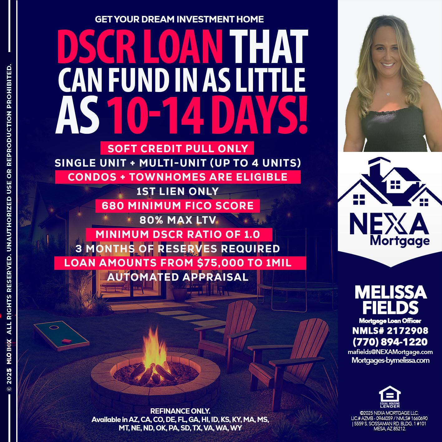 DSCR LOAN - Melissa Fields -Mortgage Loan Officer