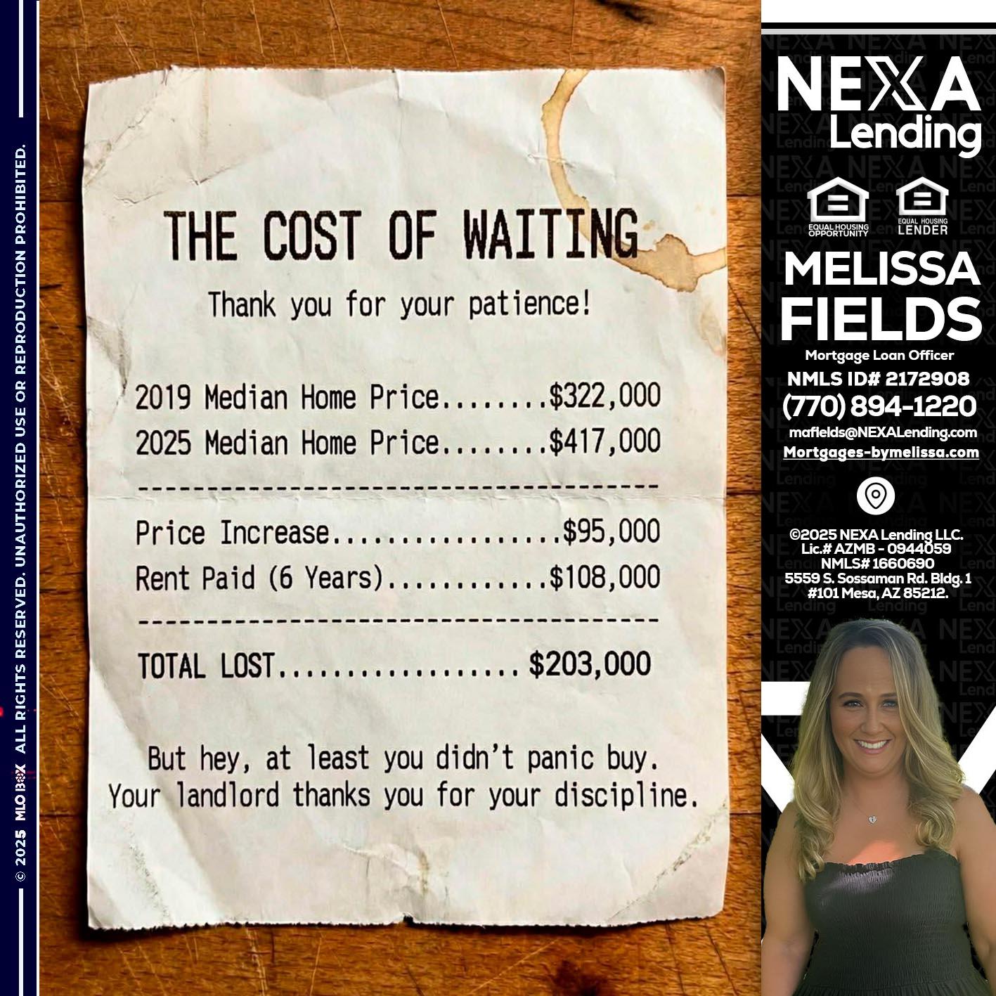 THE COST OF WAITING - Melissa Fields -Mortgage Loan Officer