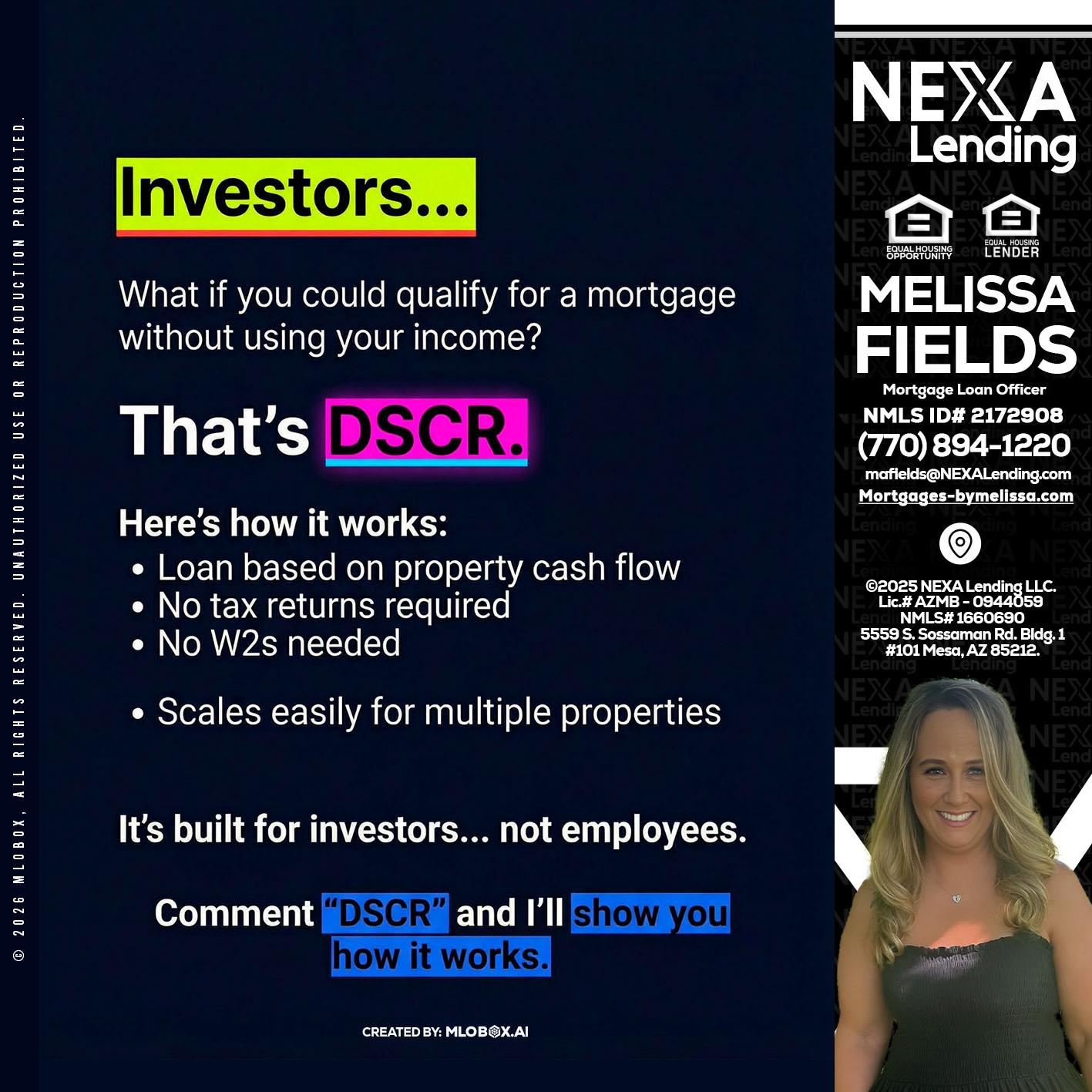 INVESTORS - Melissa Fields -Mortgage Loan Officer