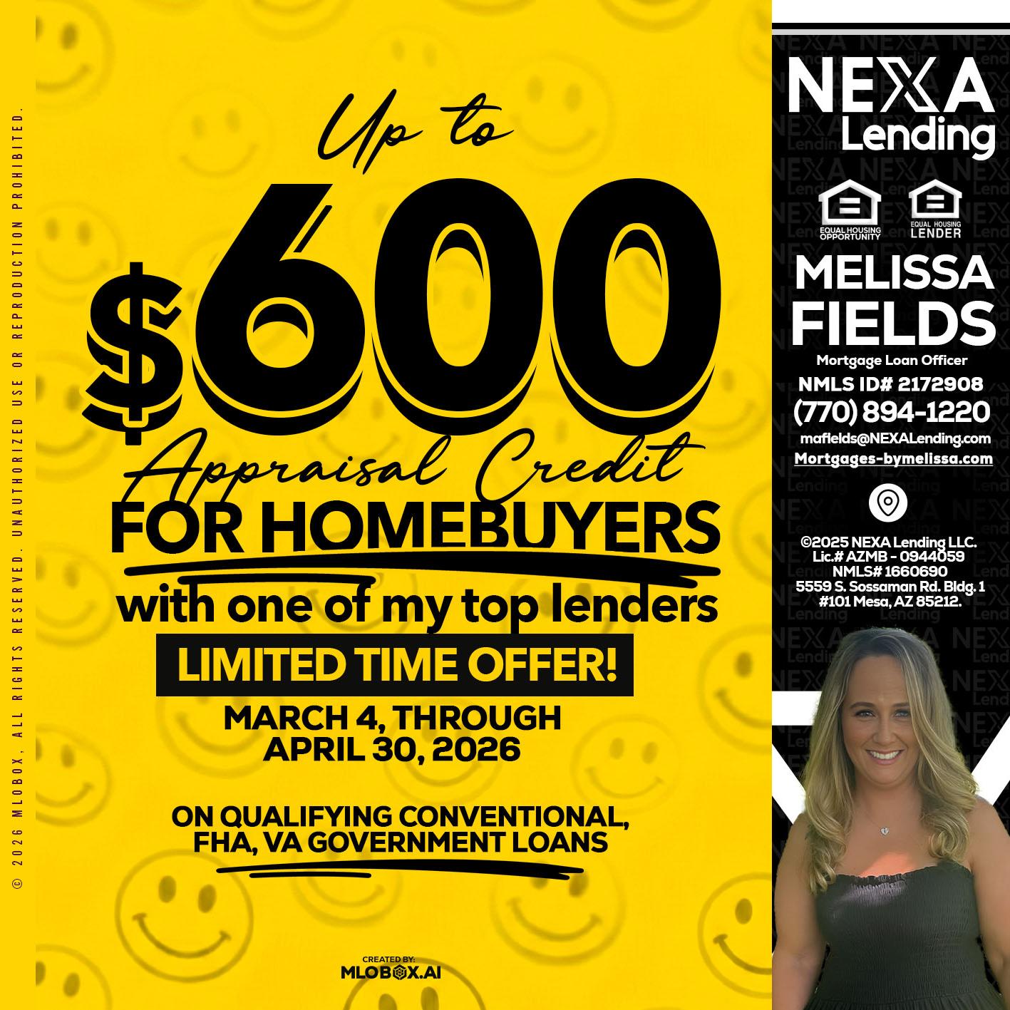 UP TO 600 - Melissa Fields -Mortgage Loan Officer